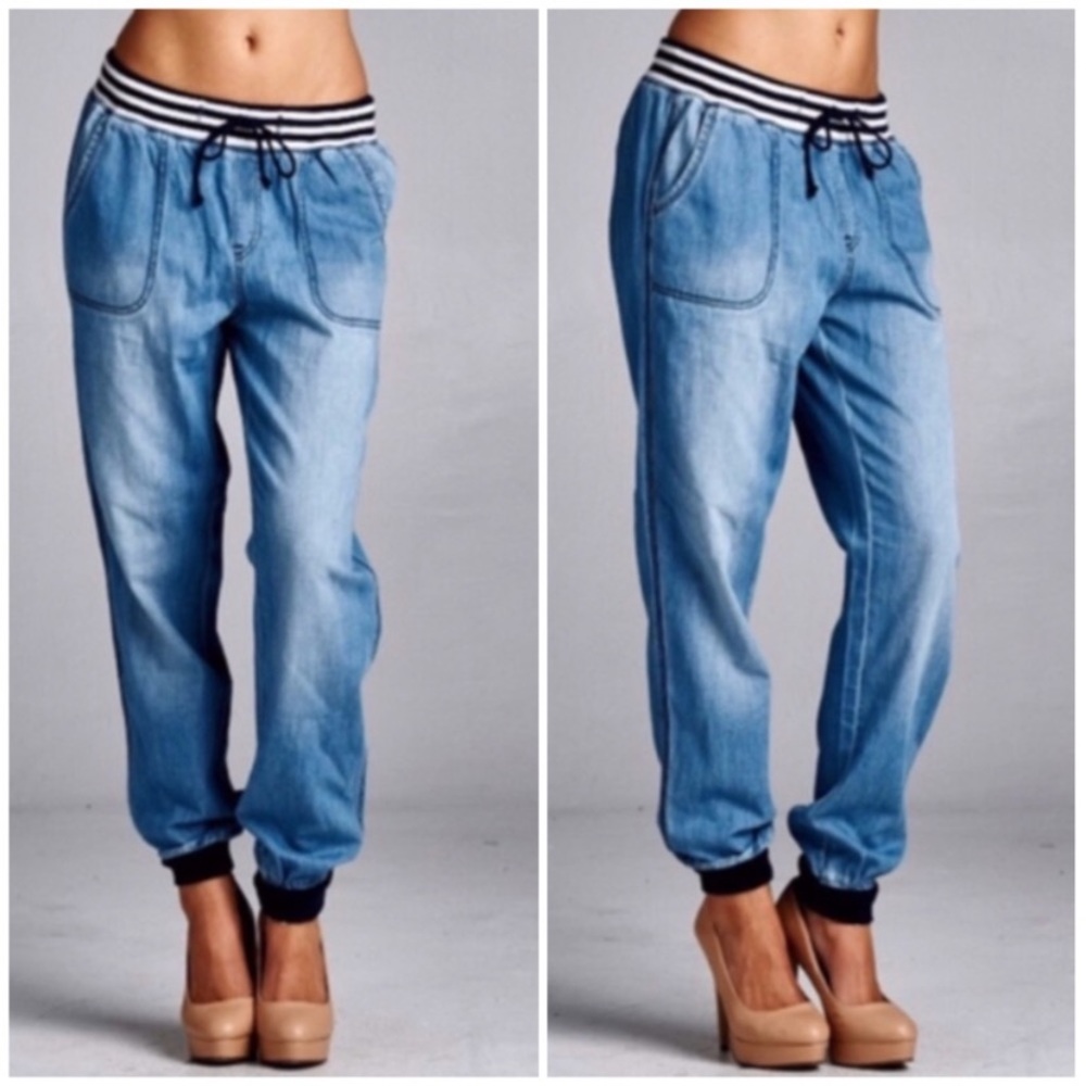 Light Denim Elastic Waist Jogger Casual Pants